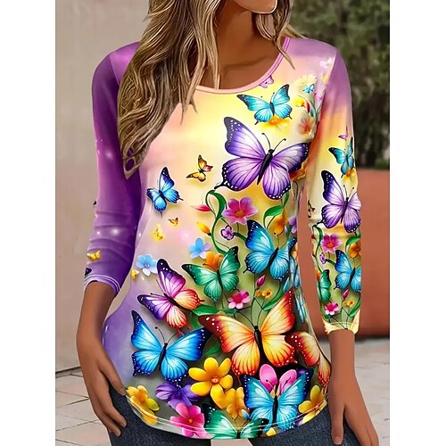 Damen T-Shirt Rundhalsausschnitt Langarm Tunika Floral Graphic Katze Vintage Stilvoll Klassisch Rundhals Reguläre Oberteile Täglicher Wochenende Druck Weiß Gelb Pink Blau Khaki Frühling Herbst Image