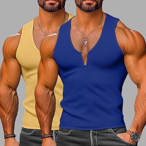 Herren Waffel-Tanktop Tank Top Weste Unterhemd Ärmellos V Ausschnitt Sommer Einfach Mode Klassisch Lässig 2 teilig Mehrfachpackung Straße Lässig Sport Gelb blau Gelb Hellgrau GrauWeiß Top Image