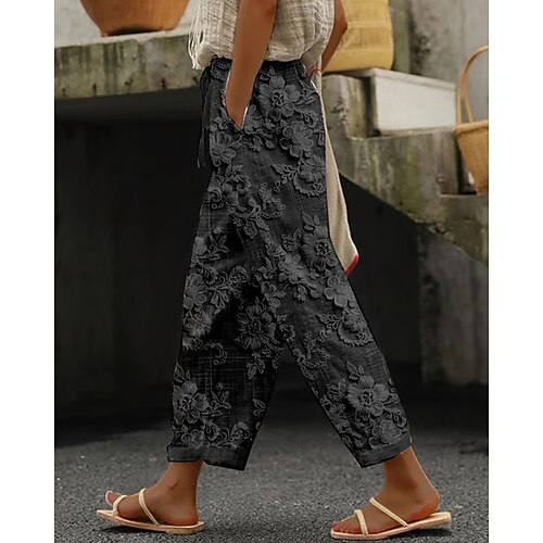 Damen Stoffhosen Hosen Hose Mode Streetwear Volle Länge Mittlere Taille Blume Druck Atmungsaktivität Bequem Straße Alltagskleidung Ausgehen Blau Aprikose Schwarz Weiß Sommer Frühling Normale Passform Image