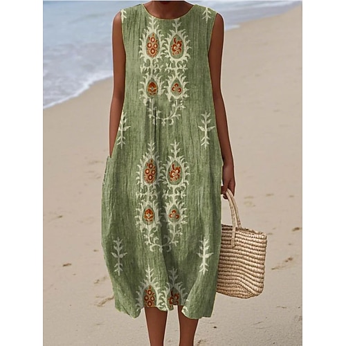 Damen Midi Kleid Leinenähnliches Sommerkleid Shift Kleid A-Linien Kleid Urlaub Freizeit Boho Ausgehen Strand Lockerer Schnitt Floral Grafisch Geometrisch Ärmellos Rundhalsausschnitt Pink Rot Blau Image
