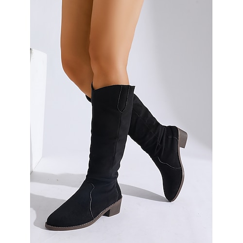 kniehohe Damenstiefel aus olivgrünem Wildlederimitat – Western-Cowboy-Stil mit niedrigem Absatz, bequemes Schuhwerk für Herbst und Winter Image