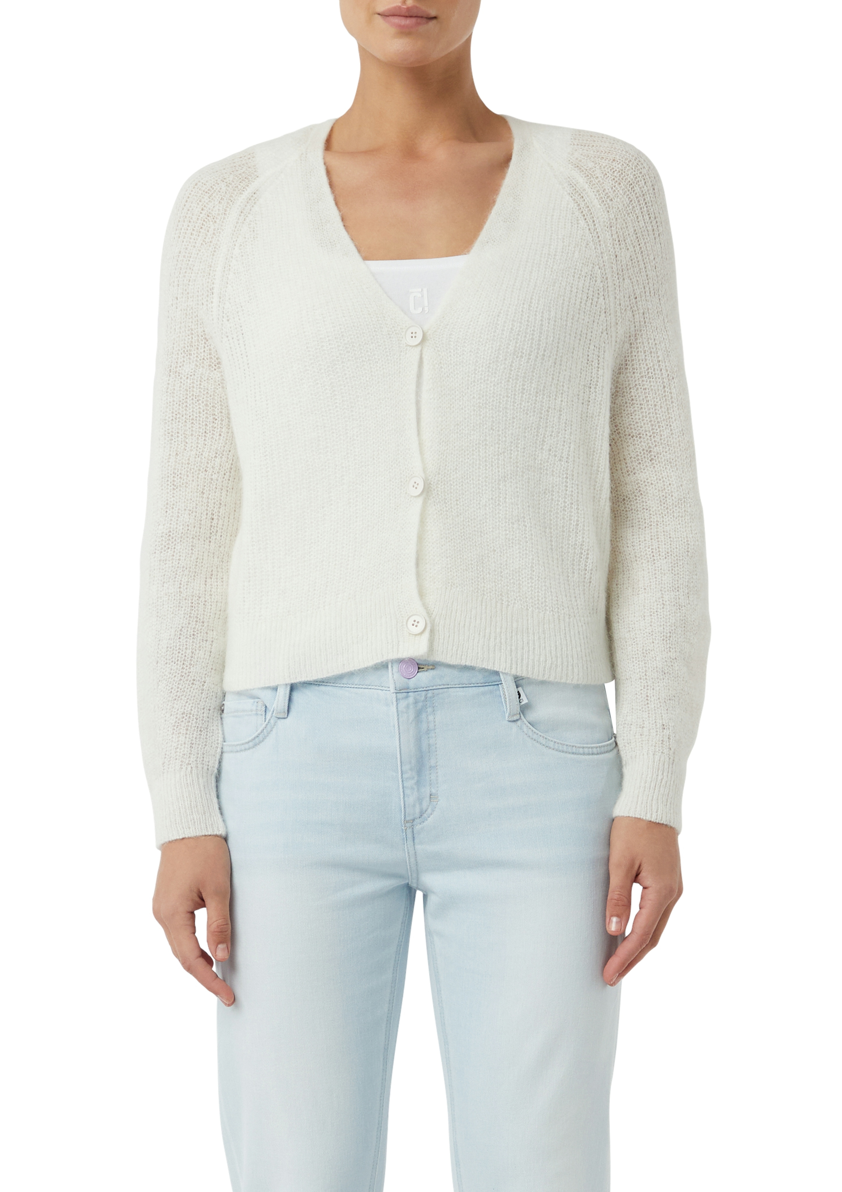 Cardigan, Damen, Gr. L (40), sanftes weiß, Strick, Obermaterial: 46% Polyamid, 27% Alpaka, 27% Wolle, COMMA CASUAL IDENTITY, relaxed fit taillenlang, V-Ausschnitt, Strickjacken, casual, bequem, Alpakamix, V-Ausschnitt