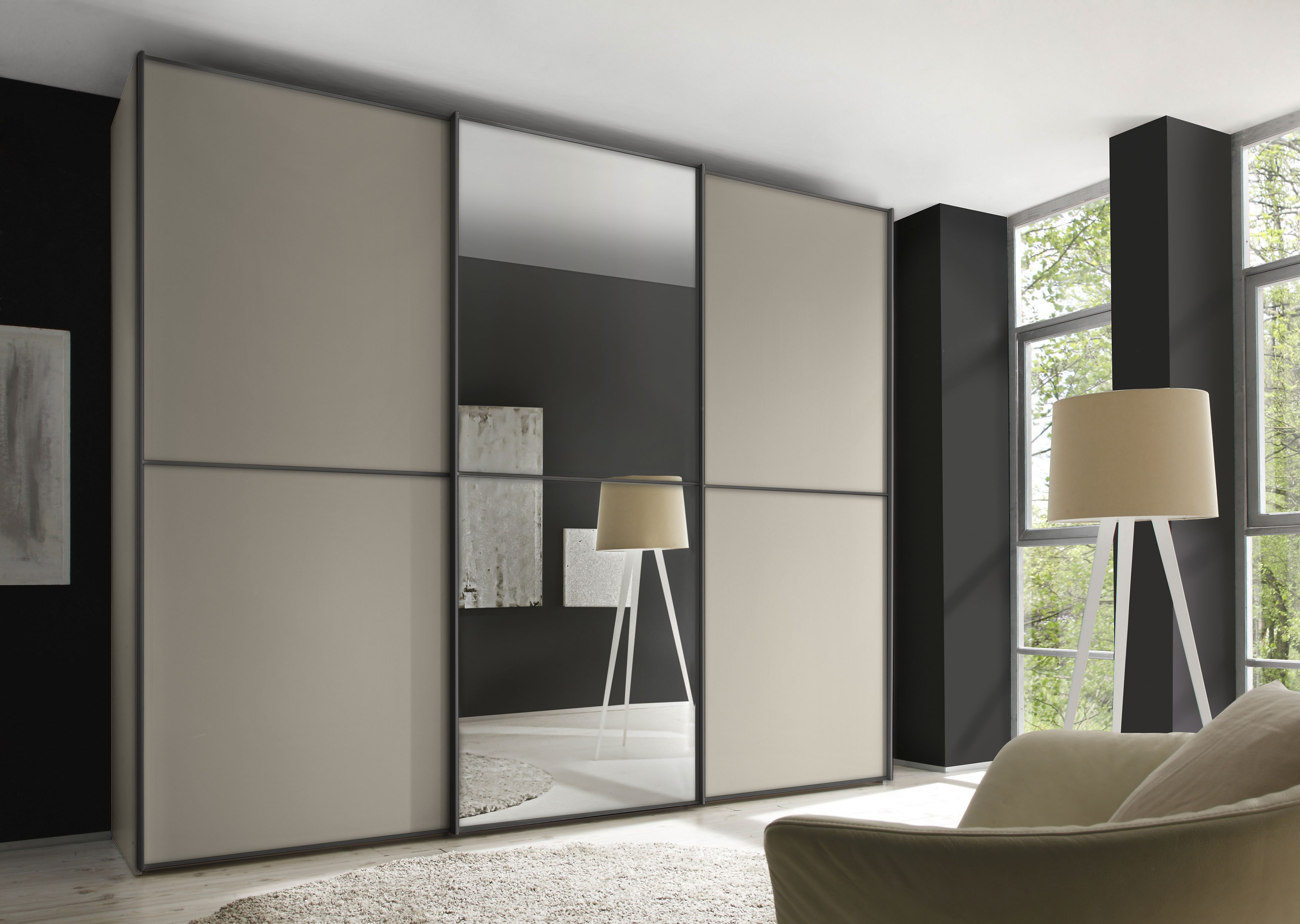 Schwebetürenschrank STAUD "Sinfonie Plus, edles Design in hochwertiger Qualität, Made in Germany", beige (sand), B:249cm H:240cm T:68cm, Holzwerkstoff, Schränke, Schwebetürenschrank, Mit Spiegeltüre und vier verschiedenen Ausstattungsvarianten Image