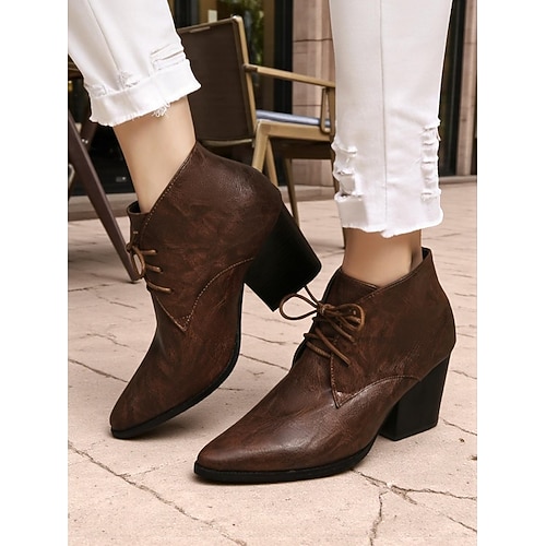 Damen-Retro-Stiefeletten mit spitzer Spitze und Schnürung – kurze Stiefel aus Kunstleder mit Blockabsatz für den Herbst, Streetstyle tägliche Outfits Image