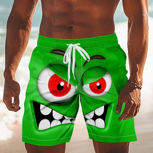 Herren 3D Zeichentrick Lächelndes Gesicht Badehosen Badeshorts Boardshorts Mittlere Taille Lustig Outdoor Urlaub Alltagskleidung Seitentaschen Netzfutter Elastischer Kordelzug in der Taille Designer Image
