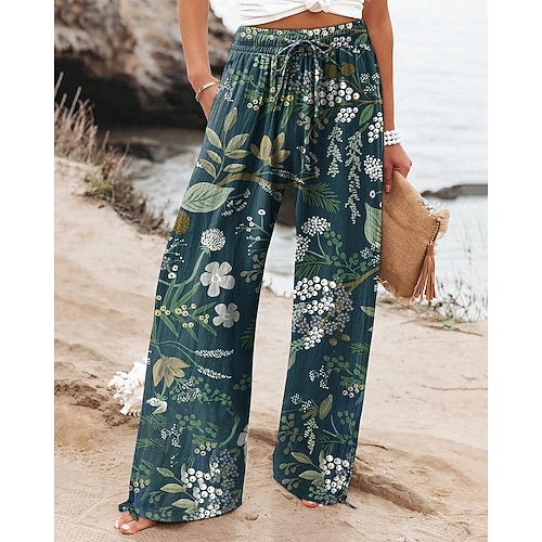 Damen Weites Bein Hosen Hose Palazzo-Hose Mode Boho Volle Länge Hohe Taille Blume Kordelzug Elastischer Bund Druck Atmungsaktivität Bequem Straße Alltagskleidung Ausgehen Dunkelblau Frühling Herbst Image