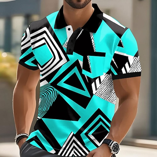 Herren Geometrisch Polo Kurzarm Polo-Shirts Hemden mit Kragen Lässig Outdoor Athleisure Alltagskleidung Tasche 3D-Druck Knöpfe Sommer Rote Blau Orange Image