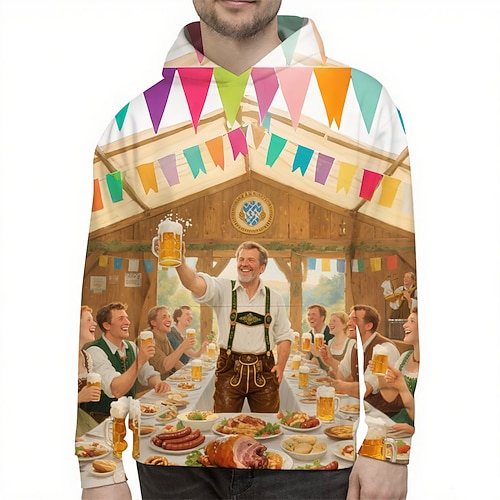 Kapuzensweatshirt Pullover Bayerisch München Deutsch alpin Bischofsärmel Grafik für Herren Erwachsene 3D-Druck für Karneval Oktoberfestbier Party Alltagstauglich Image