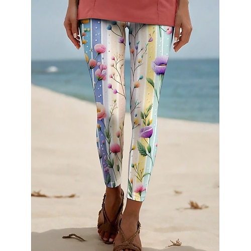 Damen Hosen Hose Leggings Gemütliche Leggings Streetwear Lässig Volle Länge Hohe Taille Blumen Gestreift Elastischer Bund Druck Atmungsaktivität Bequem Dehnbar Urlaub Straße Alltagskleidung Weiß Gelb Image