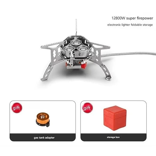 12800 W winddichter Campingkocher, Camping-Gaskocher mit Piezozündung, tragbarer, faltbarer Dreifachbrenner-Butankocher für den Außenbereich zum Wandern, Rucksackreisen, Kochen und Grillen Image
