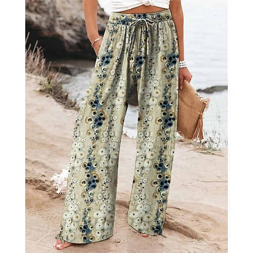 Damen Weites Bein Hosen Hose Palazzo-Hose Mode Boho Volle Länge Hohe Taille Blume Kordelzug Elastischer Bund Druck Atmungsaktivität Bequem Straße Alltagskleidung Ausgehen Khaki Frühling Herbst Image