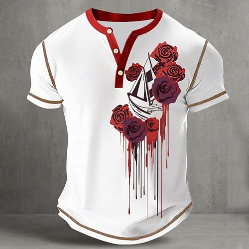 Herren Blutspritzer Blutflecken Segelboot Henley Hemd T-Shirt Kurzarm Vintage Mode Designer Outdoor Lässig Täglich Frühling Herbst Weiß Henley Henley T-Shirt Image