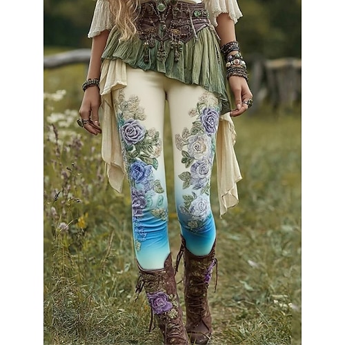 Frauen 3D Druck Leggings Urlaub Vintage Mode Voll Längs Hohe Taille Hosen Karneval Floral Grafik Druck Thermisch Warm Weich Atembar Elastisch Urlaub Straße Grau Grün Amethyst Pink Gelb Image