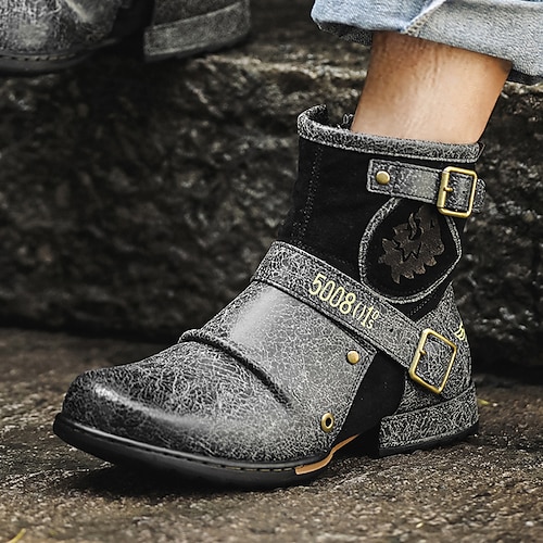 Herren-Motorradstiefeletten aus weißem Kunstleder mit Schnallenriemen – modische Stiefel im Punk-Stil für Partys und Streetwear Image