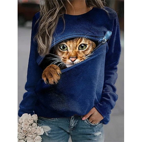 Damen Pullover Sweatshirt Kapuzenshirts Druck Grafik Tiermotiv Katze Mode Lässig Langarm Rundhalsausschnitt Rundhals Normale Oberteile Straße Alltagskleidung Schwarz Dunkelblau Frühling Herbst Winter Image