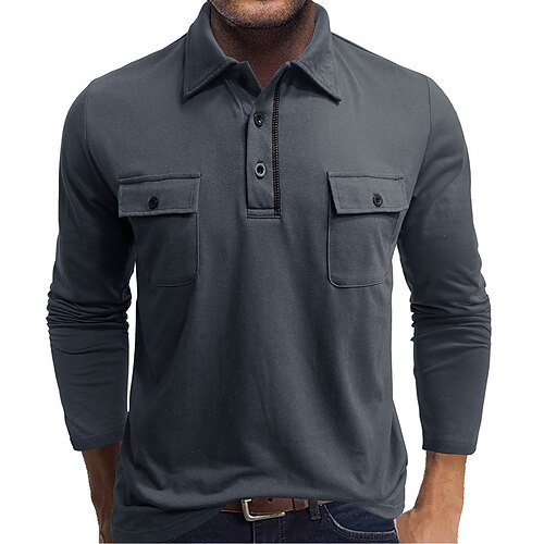 Herren Golfshirt Golf Poloshirts Arbeit Lässig Revers Langarm Basic Modern Einfach Knöpfe Frühling Herbst Normale Passform Schwarz Marineblau Blau Rose Militßrgrün Grau Golfshirt Image