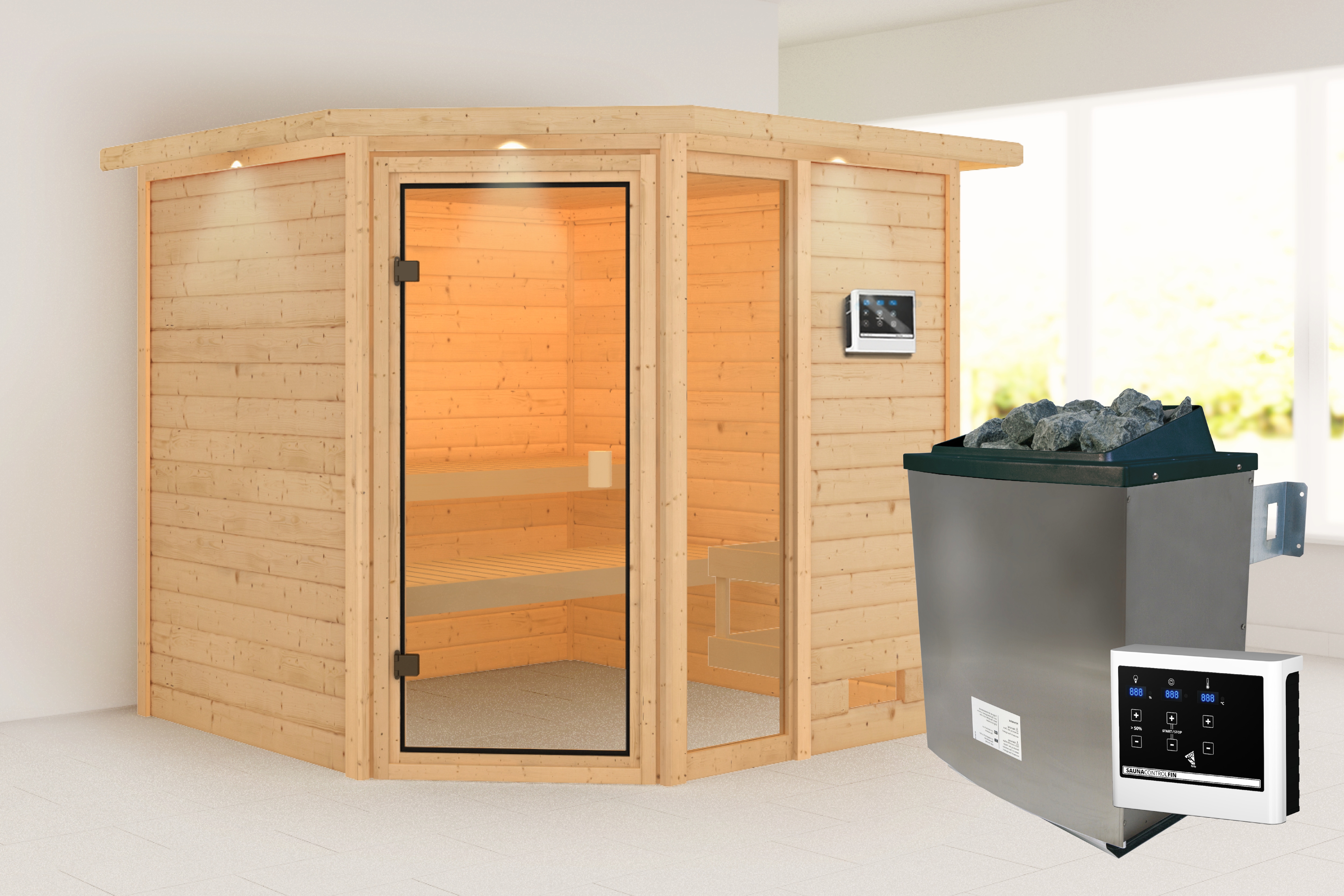 Sauna KARIBU "Tally" mit bronzierter Tür und Kranz, naturbelassen", naturbelassen, Saunaofen, externe Steuerung, 400 kW, Saunen, aus hochwertiger nordischer Fichte Image