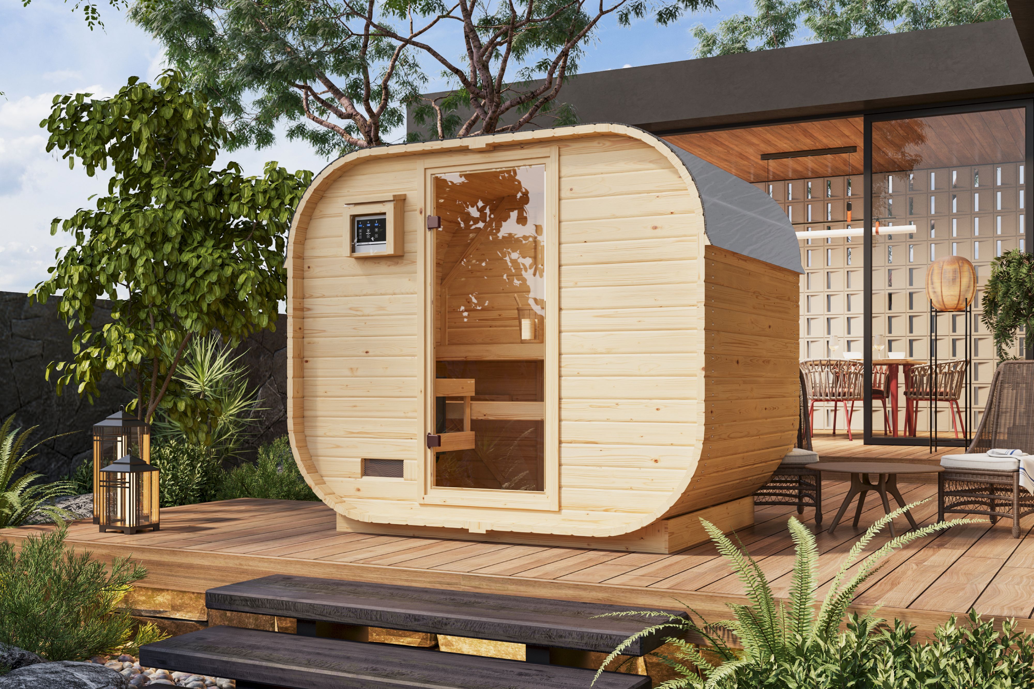 Fasssauna KARIBU "Quadro 1 Plus" naturbelassen", beige (naturbelassen), Saunaofen, integrierte Steuerung, 400 kW, Saunen, aus hochwertiger nordischer Fichte Image