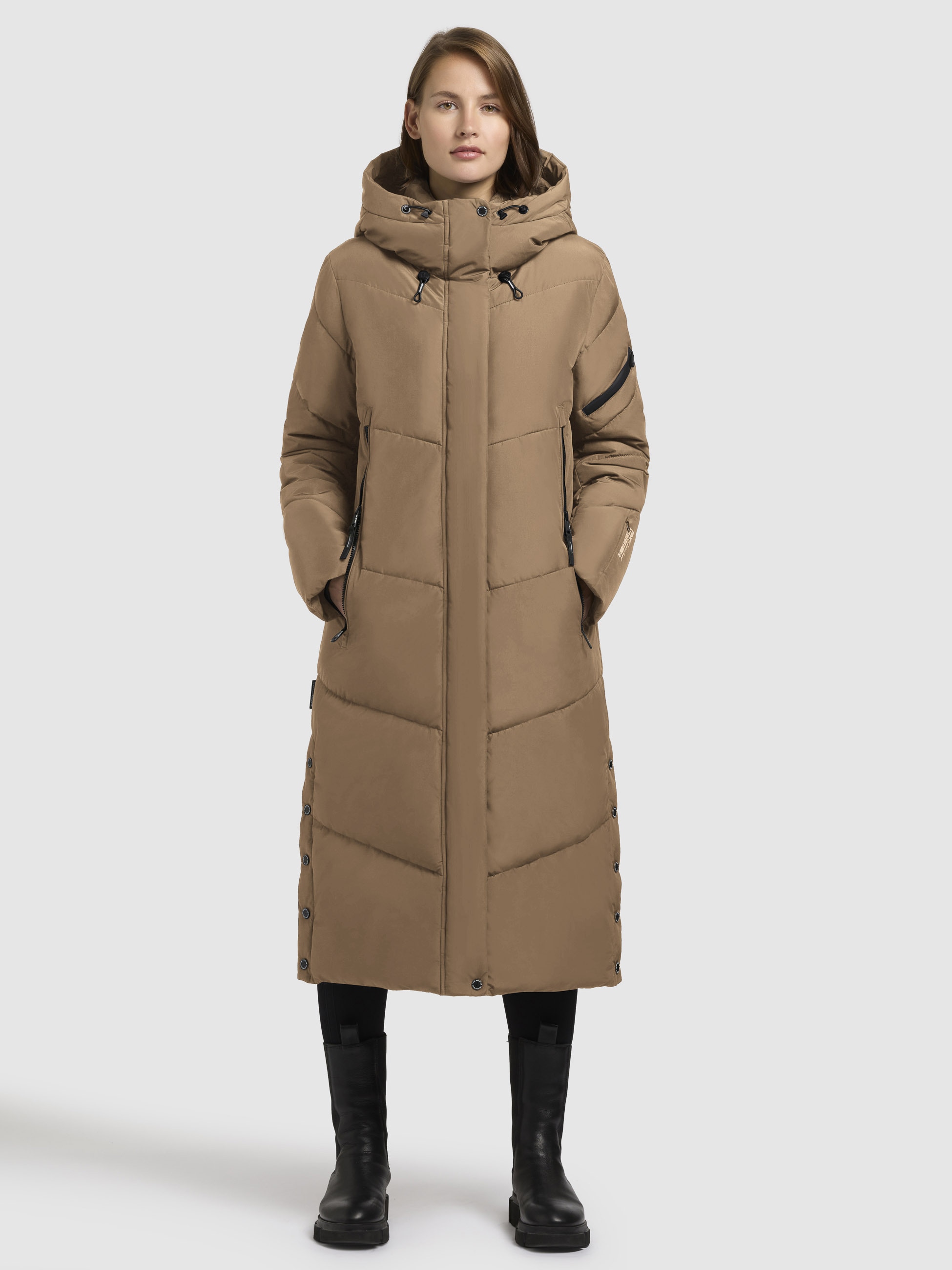 Steppmantel KHUJO "SONJE6", Damen, Gr. M, braun (hellbraun), 100% Polyester, unifarben, Casual, loose fit wadenlang, eingesetzt elastischer Bund mit Windstopper, Mäntel Image