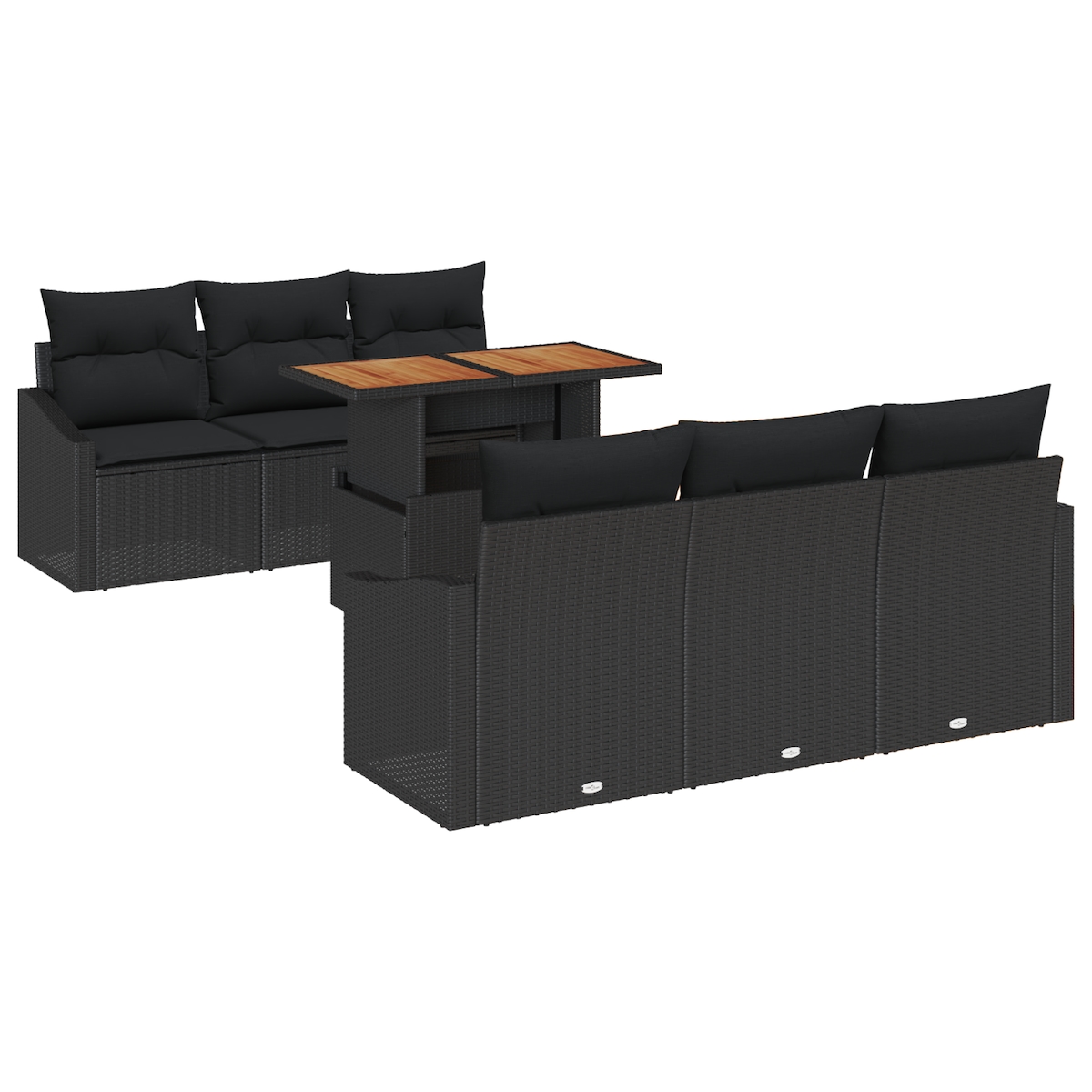 vidaXL 7-teiliges Garten-Esszimmer-Set mit Kissen, schwarzes Poly-Rattan, Akazie Image