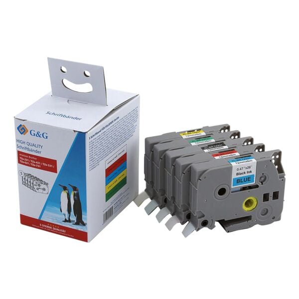 G&G 5er-Pack Schriftband ersetzt Brother TZe-2/4/5/6/731 12 mm schwarz, 1.2 cm Image