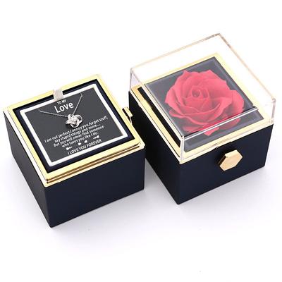 To My Love Necklace with Forever Roses Box, Christmas Gift for Her, Romantic Rotating Jewelry Box with Soap Flowers and Eternal Rose, Flip Design Packaging for Proposal, Valentine's Day, Ann