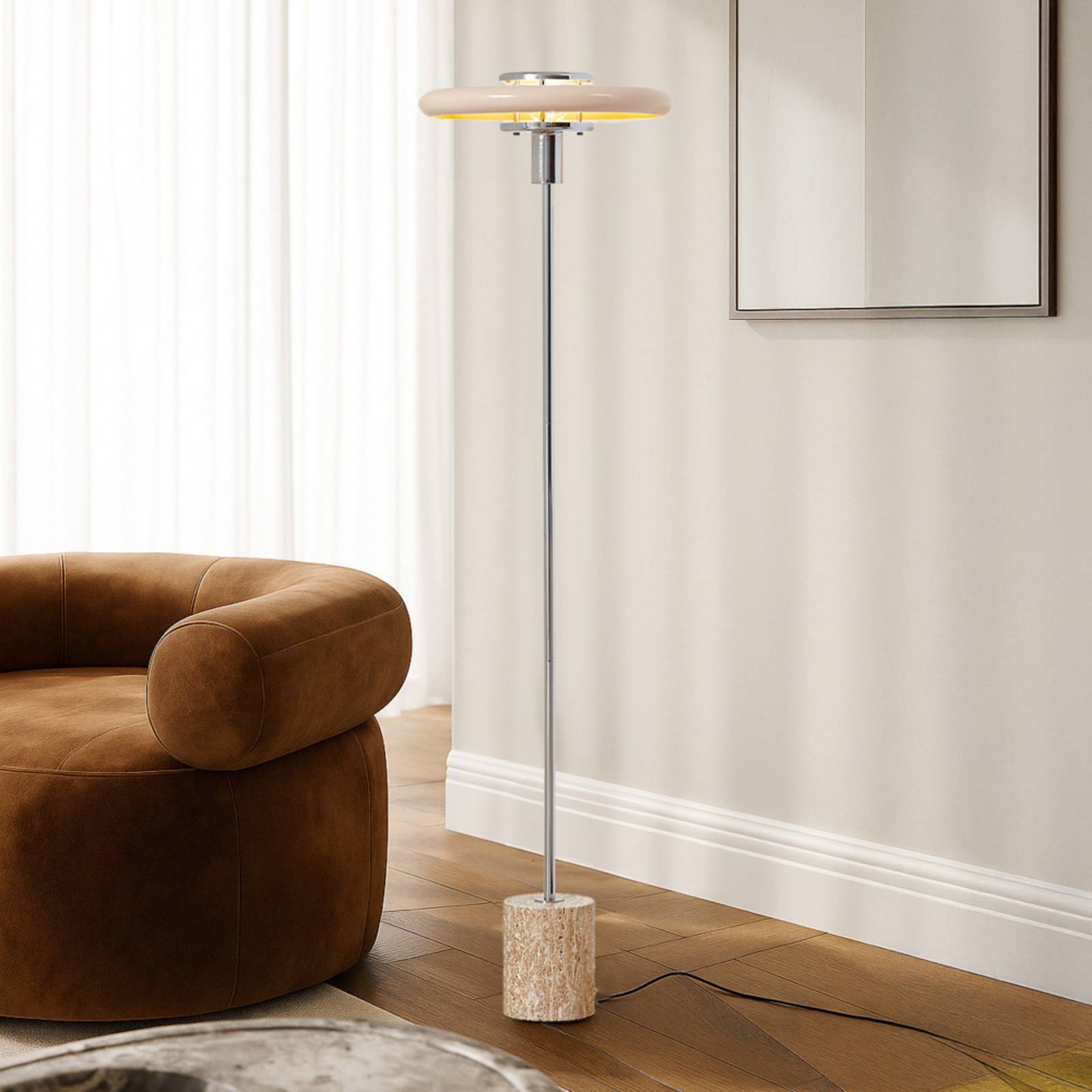 Stehlampe Branford Lindby, creme / amber, für Wohn- / Esszimmer, Metall, Vintage, Stehlampe