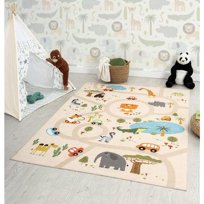Happy Life Kinderzimmer, Kinderteppich, Spielteppich, waschbar, Beige, 120 x 160 cm - The Carpet Image