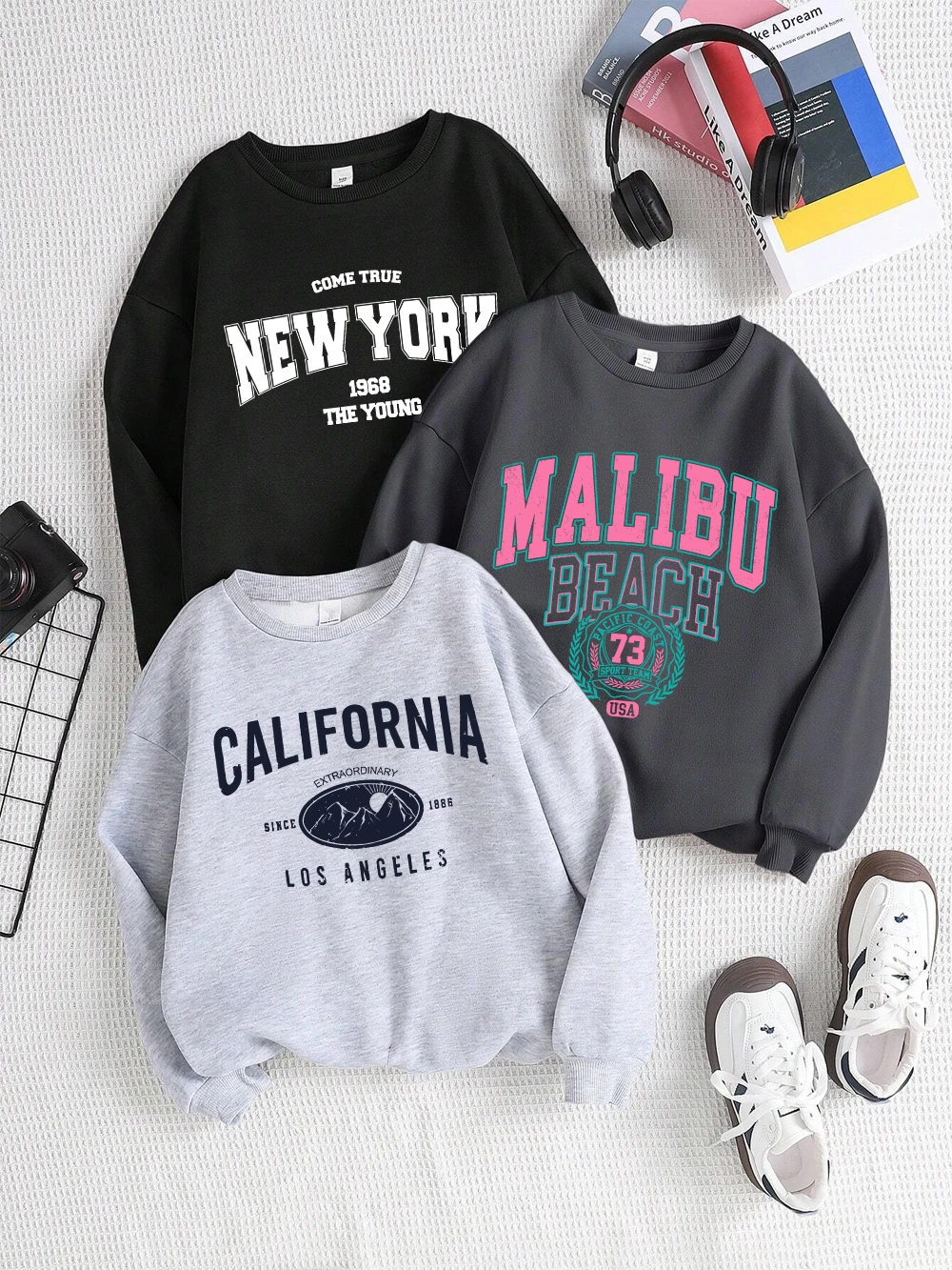 New York California Malibu Letter Sweatshirts Winter Women Casual Loose Hoodie Fleece Warm Crewneck Pullover Comfortable Clothes