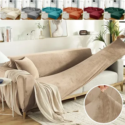 Velvet Sofa Cover Luxury L Shape Sofas Cover Plain Color Corner Sofa Covers Armchair Anti-dust Elastic Slipcover Pet Friendly