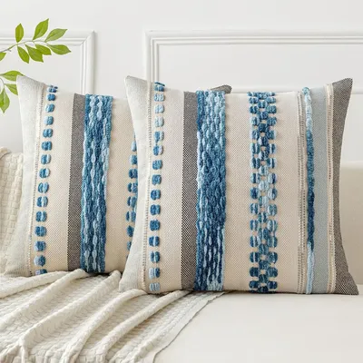Blaue Boho-Kissenbezüge, 45,7 x 45,7 cm, dekorative Kissenbezüge, mehrfarbig gestreifte Chenille-Kissenbezüge, Akzent-Kissenbezug Image