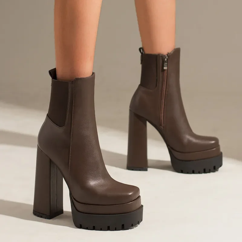 Damen Stiefeletten Plateau Trends Schwarz Kurzer Stiefel Winter Herbst Leder Gothic Punk Heels Party Schuhe Dame Große Größe 45