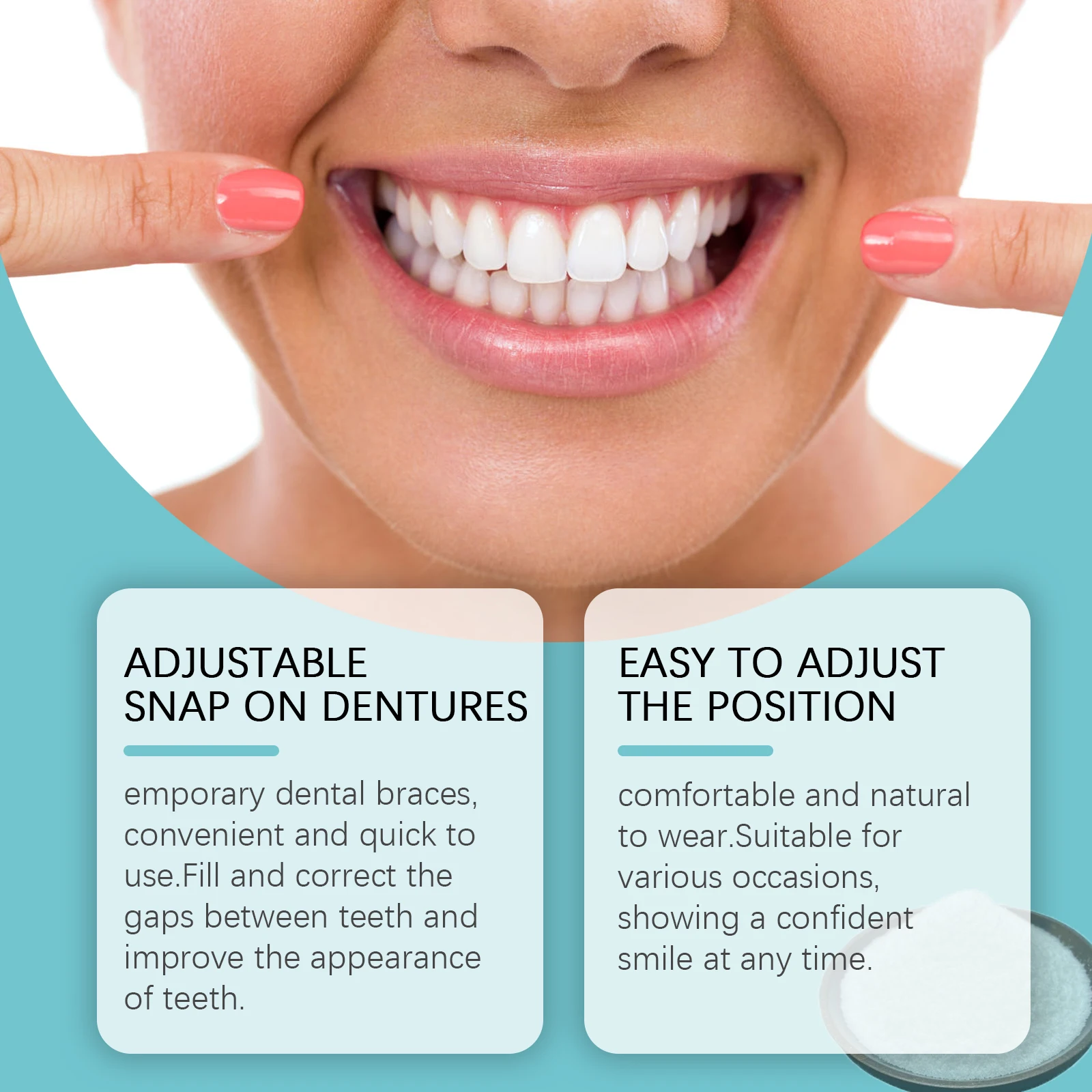 Silikon-Zahnersatz zum Aufstecken, Lächeln-Zähne, natürliches Set mit falschen Zähnen, temporärer Zahnersatz, Reparatur, fehlende, modifizierte Zahnabdeckung Image