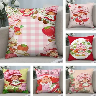 Kawaii S-Strawberry Shortcakes Kissenbezug, kurzer Plüsch, doppelseitiger Druck, quadratische Dekokissenbezüge, Sofa, Heimkissen, Dekor Image