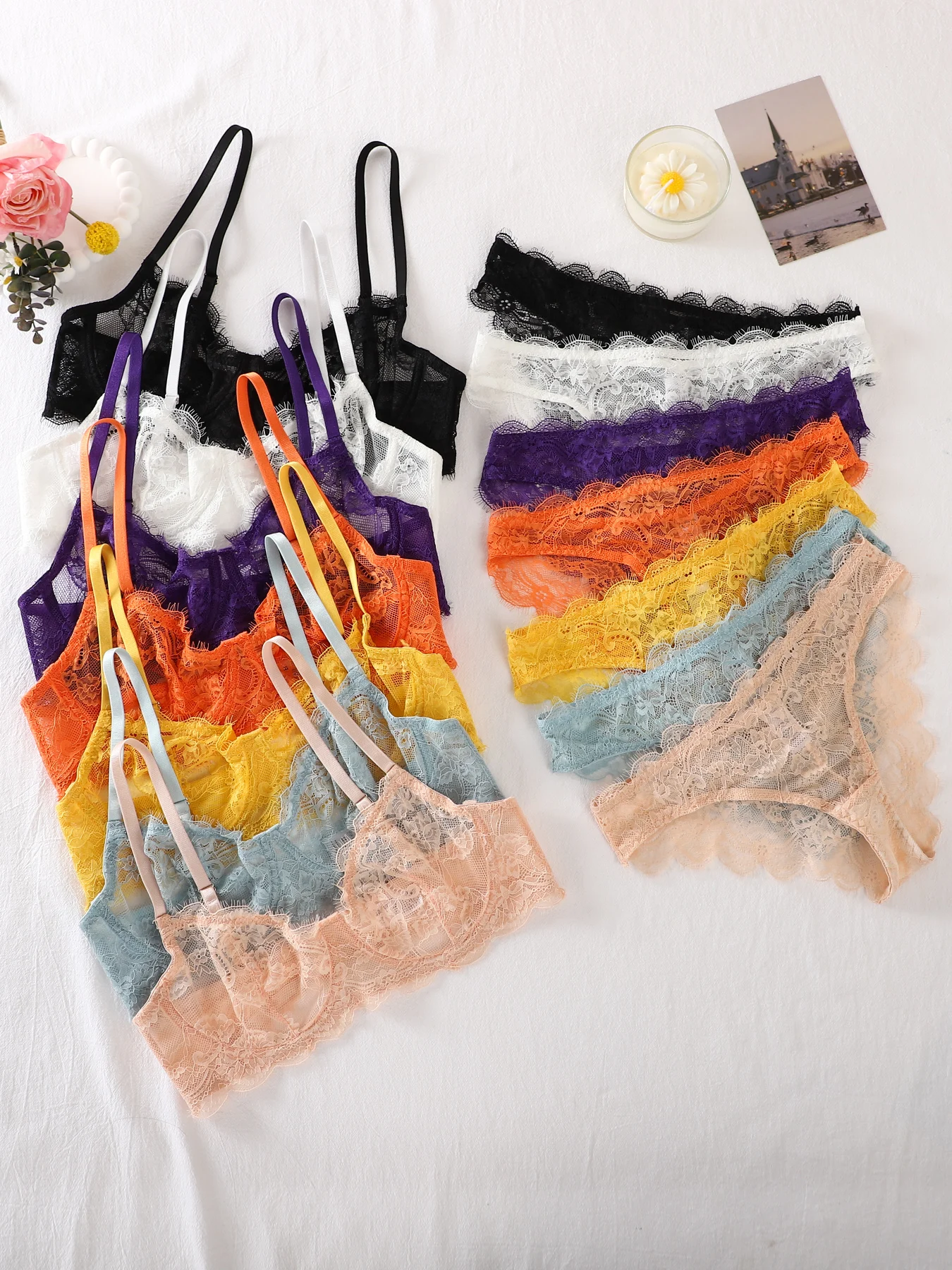 2-teiliges Set – Spitzen-BH + Höschen-Set – durchsichtiges Spitzen-Dessous-Set – mehrfarbig optional – Spitzen-Damen-Dessous-Set – sexy Dessous-Set – mit Stahlringen