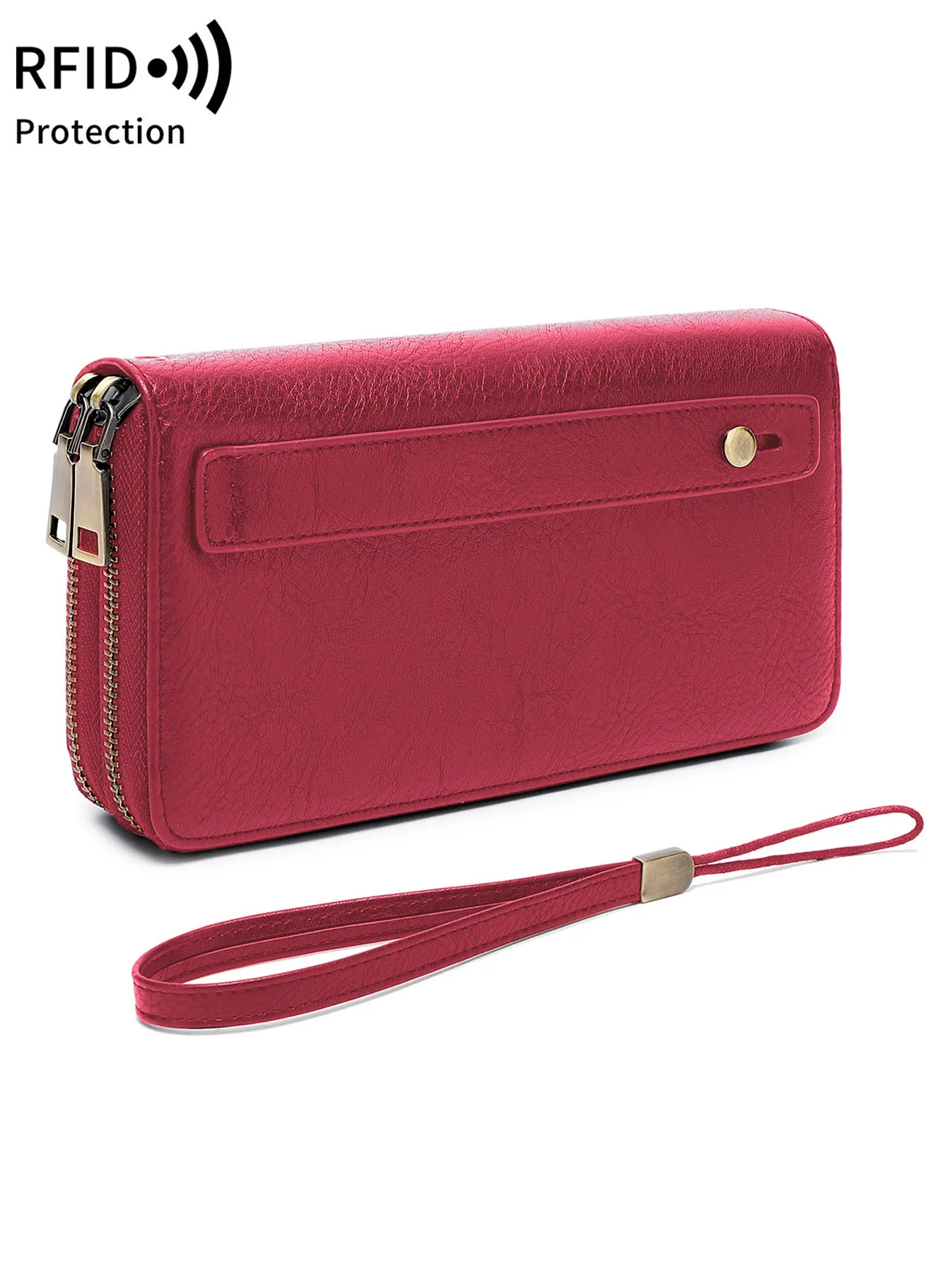 Damen-Geldbörse, RFID-blockierend, 100 % Leder, großes Fassungsvermögen, Doppelreißverschluss-Geldbörse, Handyhalter, Clutch, Reisebrieftasche mit Armband Image