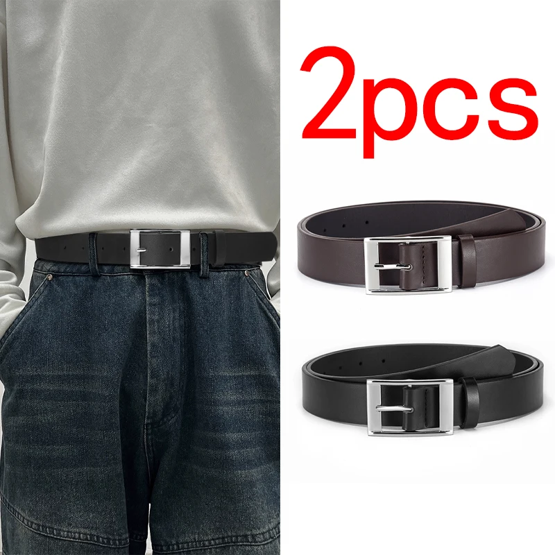 2 Stück neuer Herren-Taillengürtel mit quadratischer Schnalle in Silber, lässig und modisch, exquisit und langlebig, geeignet zum Paaren mit Jeans Image