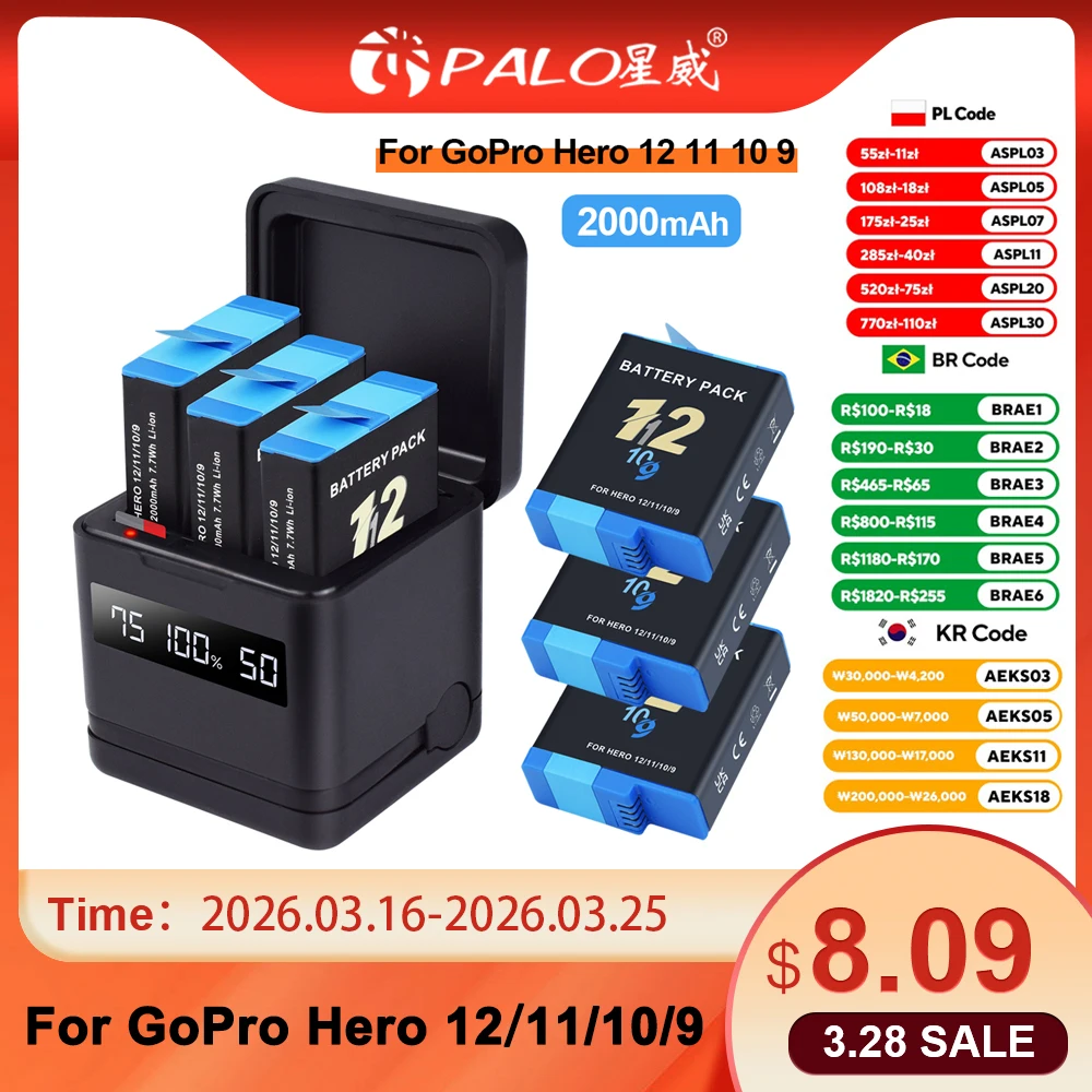 PALO Akku für GoPro Hero 12 11 10 9 2000 mAh Akku + LCD 3-Wege-Schnellladegerät Box TF-Kartenaufbewahrung für GoPro Hero Zubehör Image