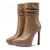 LAIGZEM Frauen Stiefeletten Echt Leder Plissee Plattform 12,5 CM High Heels Seite Zip Booties Damen Schuhe Frau Große Größe 33 38 41