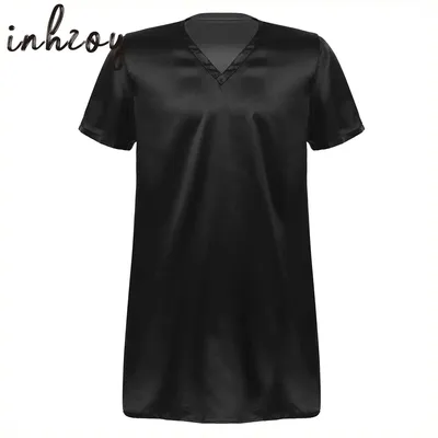 Männer Satin Pyjama Schlaf Tops Nachthemden Erwachsene Sommer Weiche Einfarbig V-ausschnitt Kurzarm Nachtwäsche Casual Hause Tragen Nachtwäsche Image