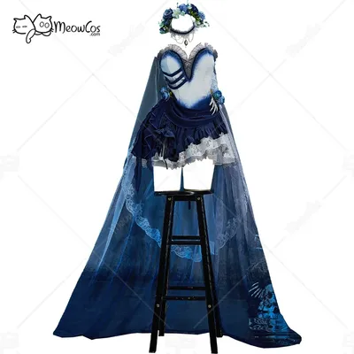 Meowcos Damen Braut Halloween Gothic Weiß Blau Zombie Brautkleid Dunkler Stil Unregelmäßiges Schlauchkleid mit Schwanzrock und Schleier Image