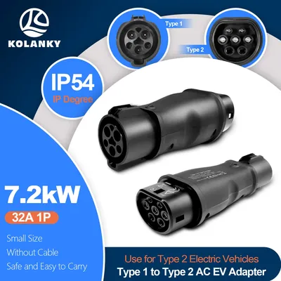 Kolanky Typ 2 Elektrofahrzeug-Anschluss, 7,2 kW EV, tragbar, USA-EV-Ladegerät-Adapter, Typ 1 J1772 auf Typ 2 AC-EV-Adapter, 1P