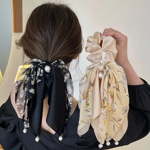 1PC Floral Print Satin Hair Scrunchies with Ribbon & Pearl Accents, Elegant Hair Ties for Women, Charming Hair Accessories Set
