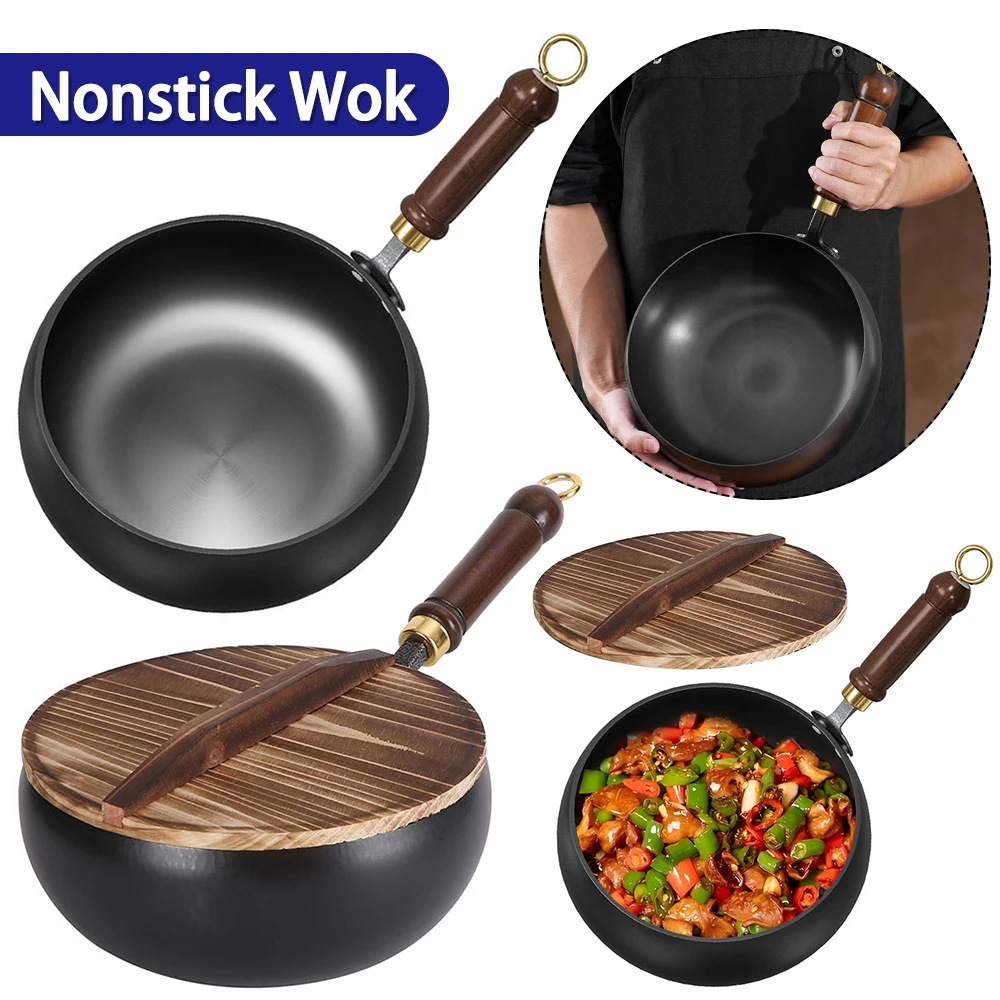 Antihaftbeschichteter Wok mit Holzgriff, Eisenwok, unbeschichtete Eisenpfanne zum Kochen im Innen- und Außenbereich Image