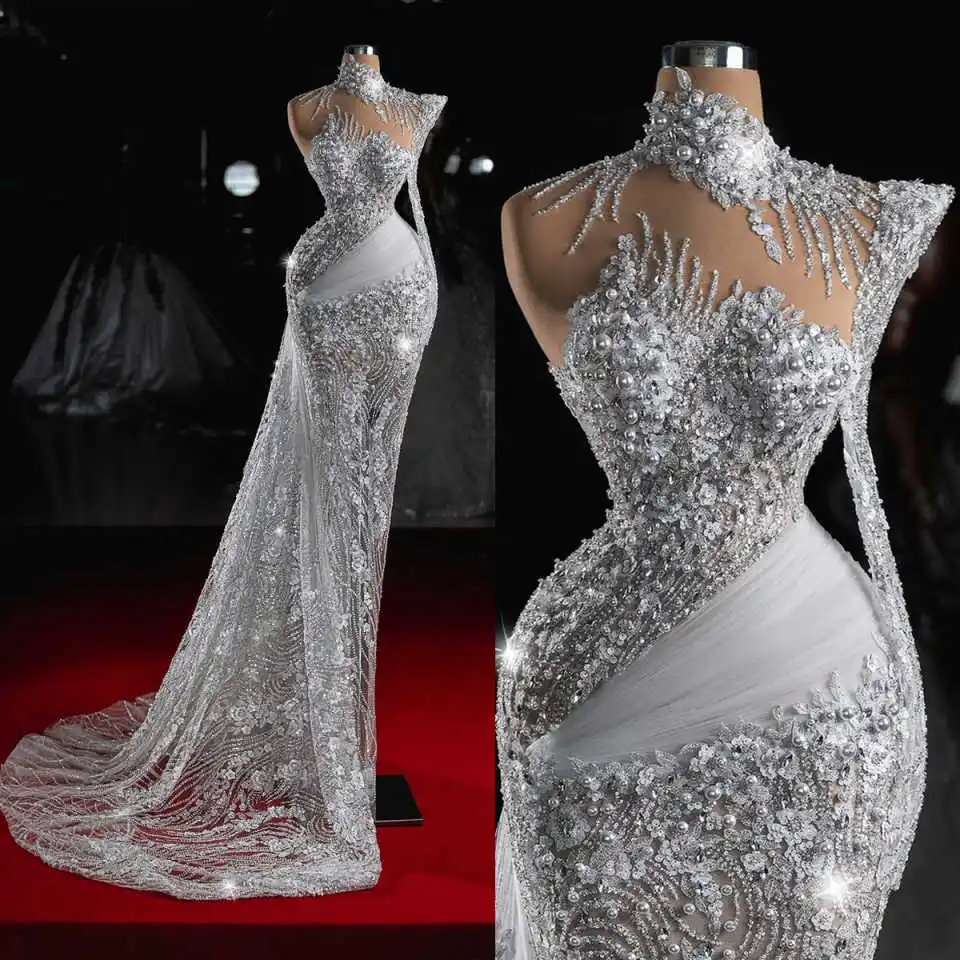 Luxus Meerjungfrau Brautkleider Perlen Pailletten Eine Schulter Brautkleider Prom Kleider Sweep Zug Vestido de novia Angepasst Image