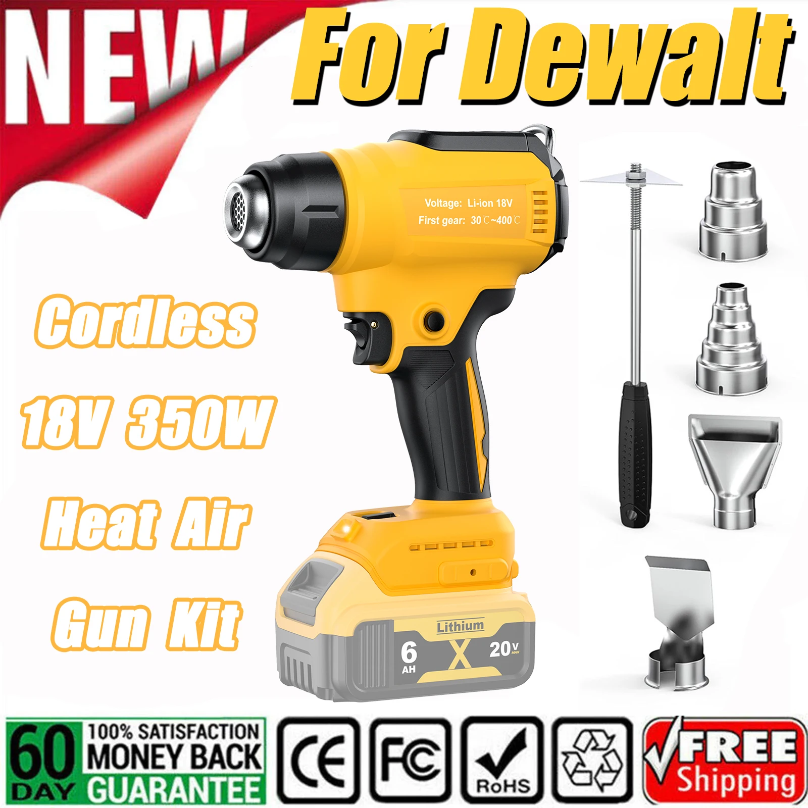 BATTOOL Akku-Heißluftpistole für Dewalt 20 V DCB200 Akku 350 W Nennleistung 990 ° F Heavy Duty Heißluftpistolen-Set, Schrumpffolie, Elektrowerkzeug Image