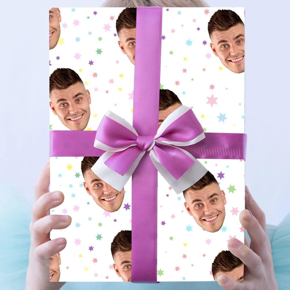 3/6 Blatt individuelles Gesichtsfoto-Geschenkpapier, personalisierbar mit Ihrem Foto, Geschenkverpackung, Rolle, Geburtstag, Junggesellenabschied, Dekorationen Image