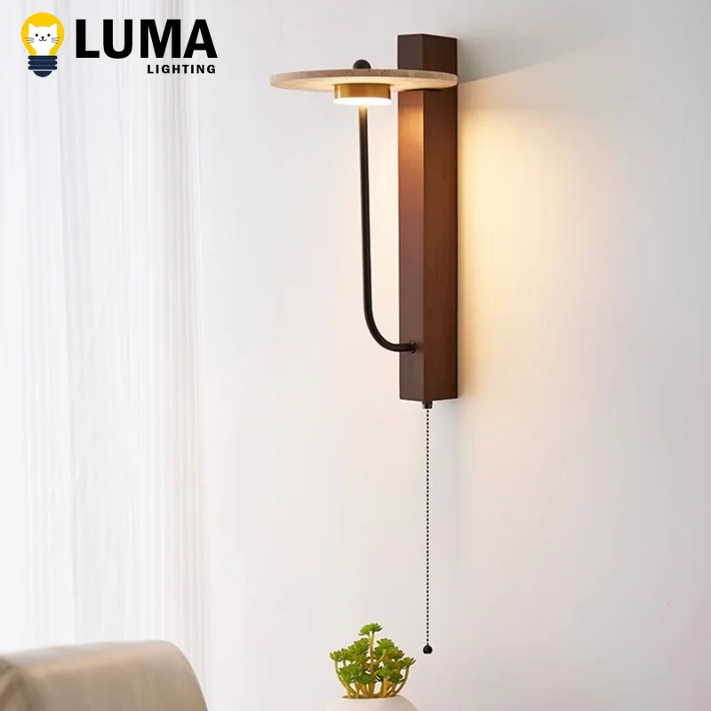 Wabi Sabi Gelbe Travertin-Wandleuchte mit Zugkette, Naturstein und Holz, LED-Wandleuchte für Schlafzimmer, Nachttisch, Wohnzimmer, Hotal Image