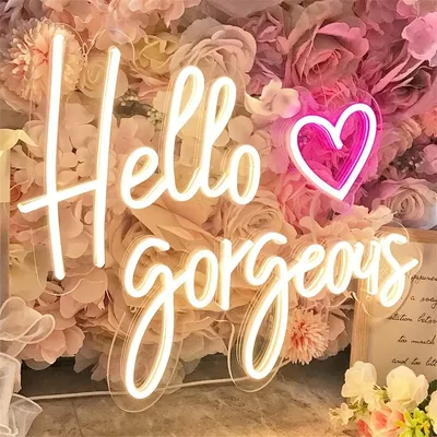 Hello Gorgeous Neon Sign LED Wall Decoration Light Pink Heart Embellishment USB Powered for Bedroom Home Decoration