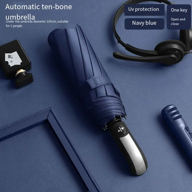 105 cm verstärkter automatischer Regenschirm, großer, wind- und wasserdichter Regenschirm mit gebogenem Griffkopf Image